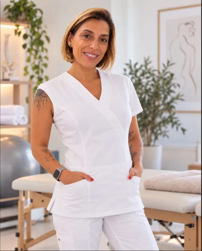 Dra. Thelma Ortega, fisioterapeuta, de uniforme branco no consultório